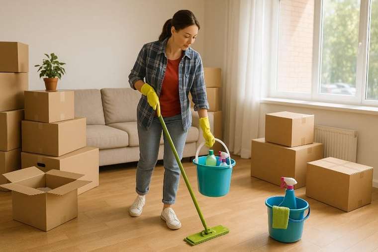 Boxes and household items sorted for spring cleaning before a move